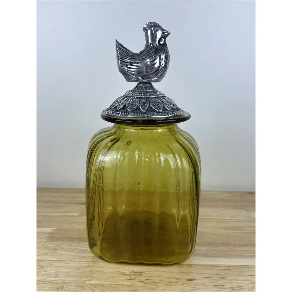 Vintage Amber Golden Yellow Glass Ribbed Canister With Pewter Rooster Top 12”